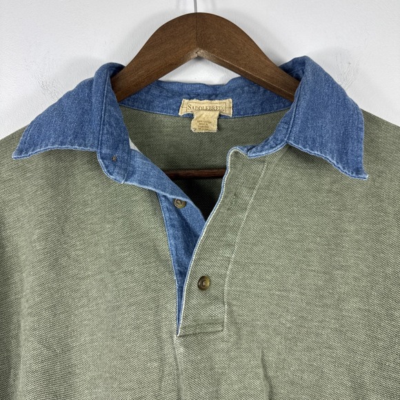 VTG Saddlebred Polo Shirt Men Large Green Denim Collar 100% Cotton Short Sleeve - Picture 3 of 8